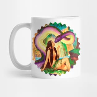 giant snake next to a beautiful brunette woman Mug